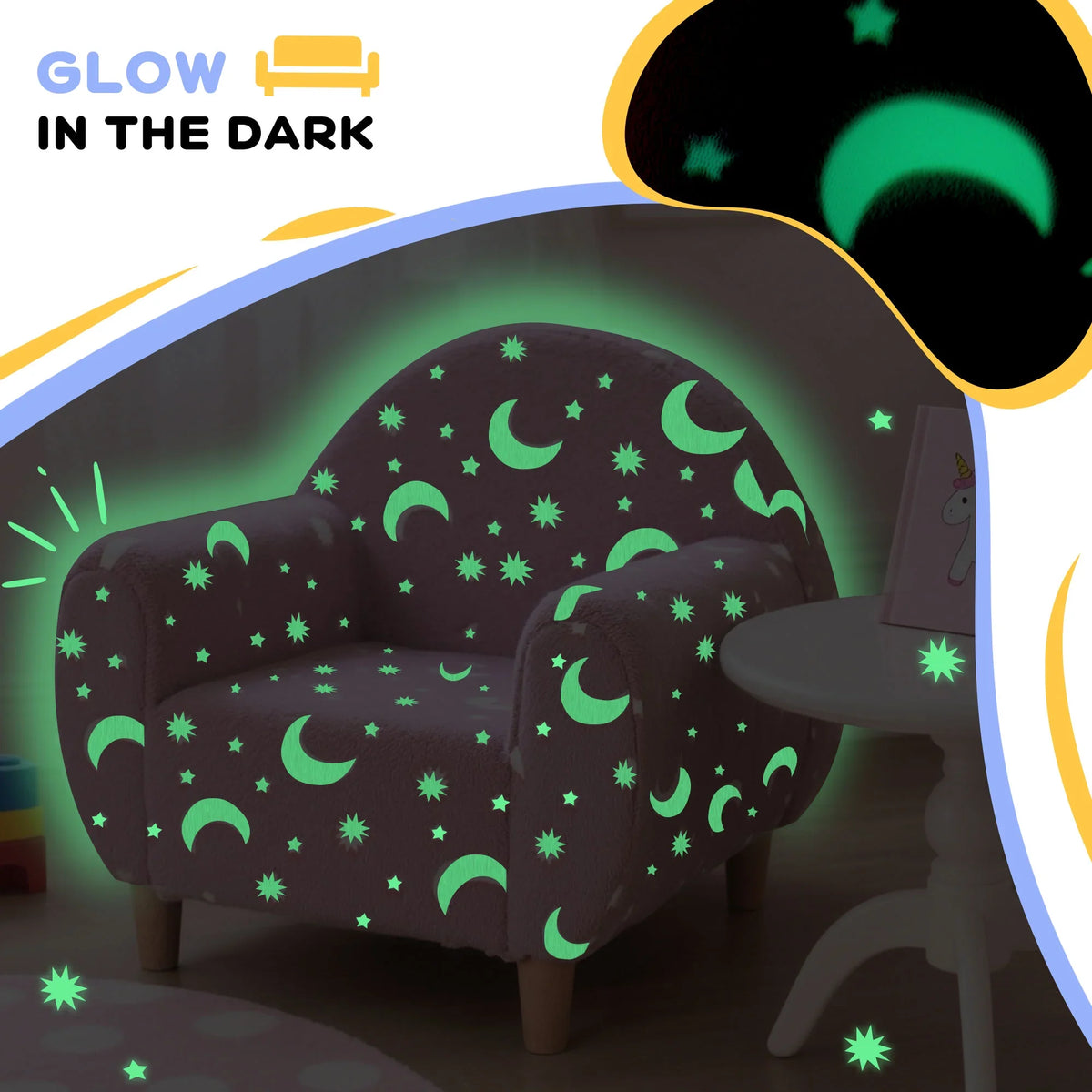 Glow-in-the-dark kids armchair with star and moon pattern emitting green light