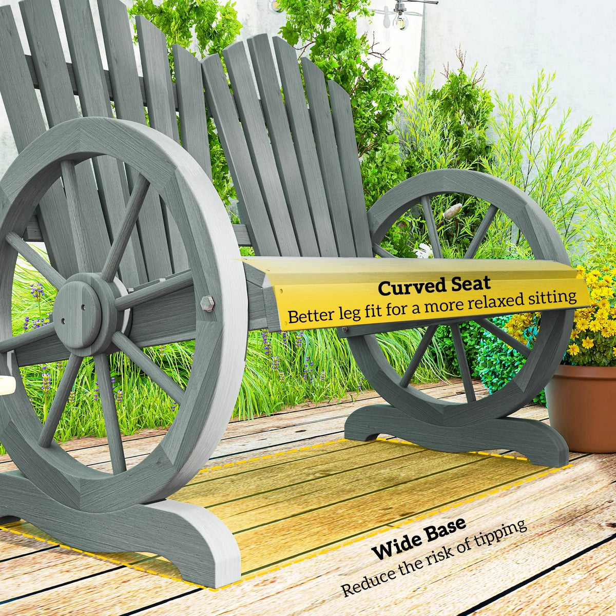 Grey outdoor two-seat bench with curved seat base and wagon wheel armrests