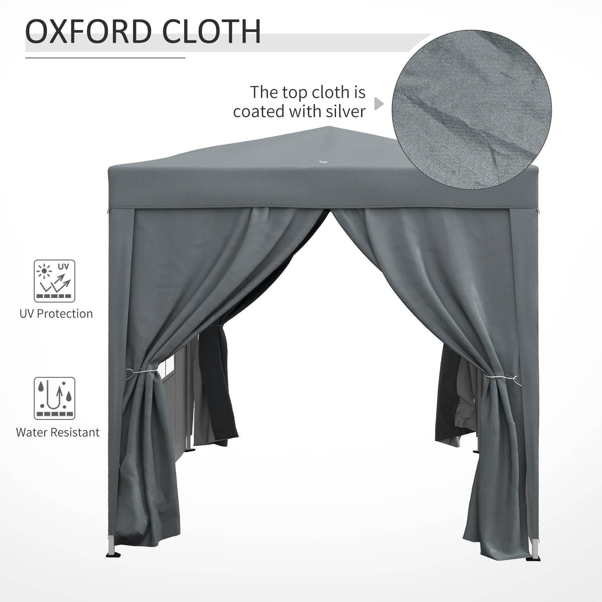 Grey gazebo canopy top with hanging curtain valances over the open entrance