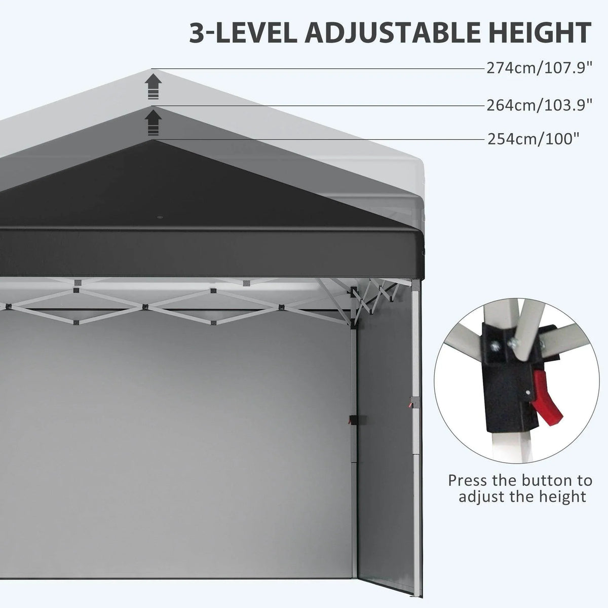 Black pop-up gazebo with 3-level adjustable height canopy and side door