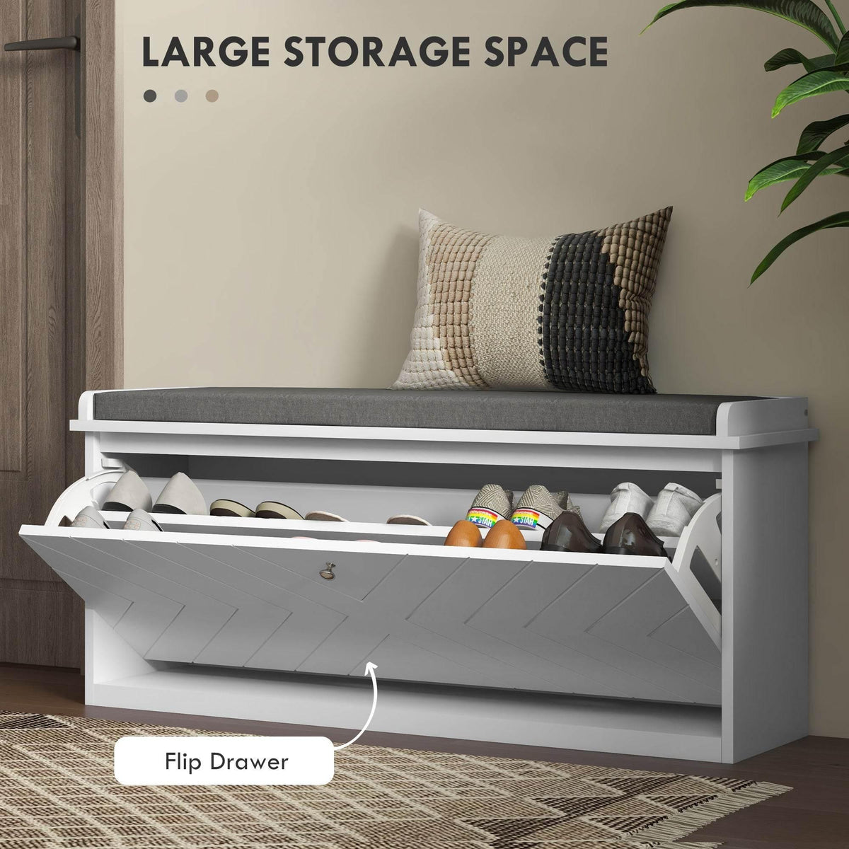 Shoe storage bench with flip drawer open, gray interior, and cushioned top for seating.