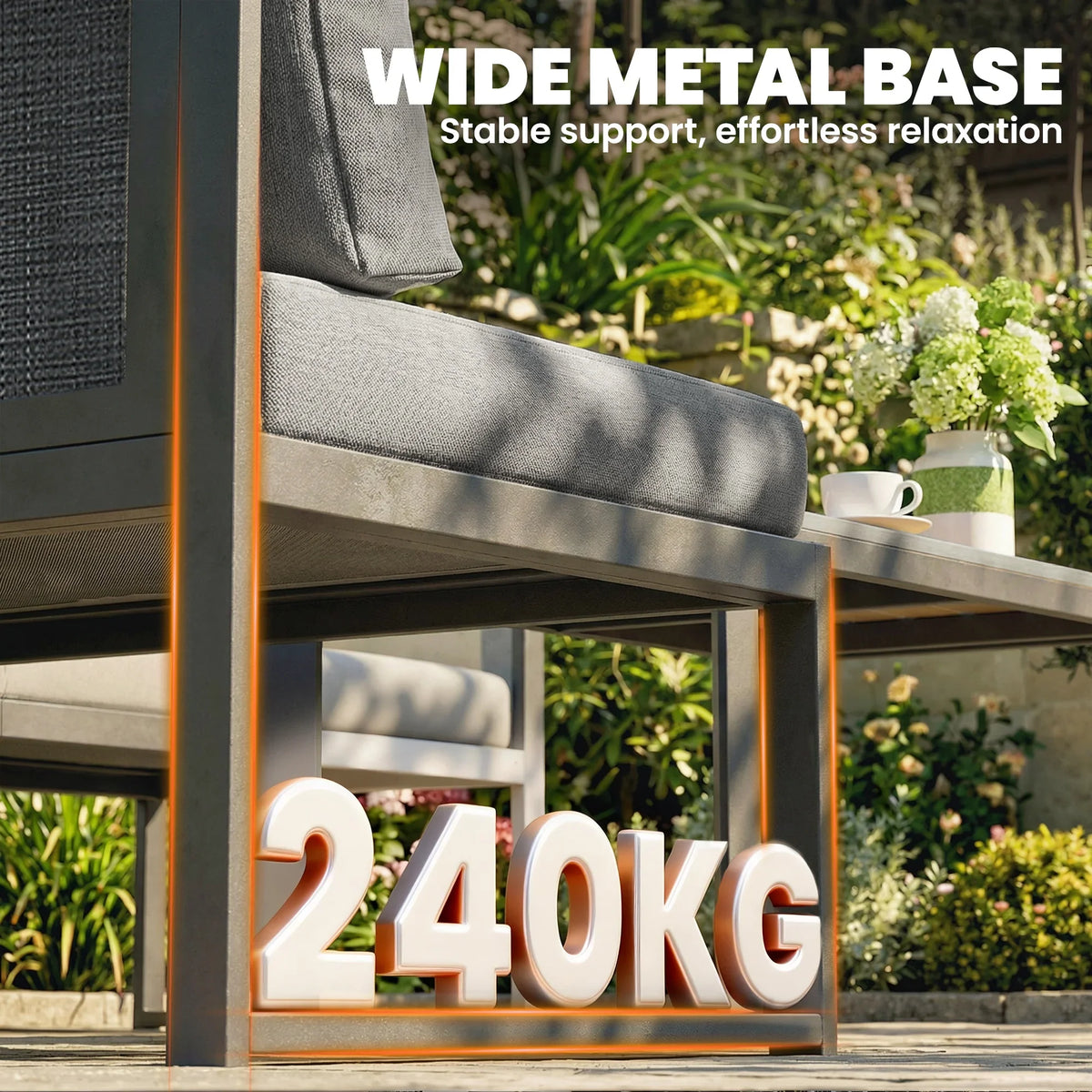 Outsunny outdoor sofa frame with wide metal base and gray seat cushions