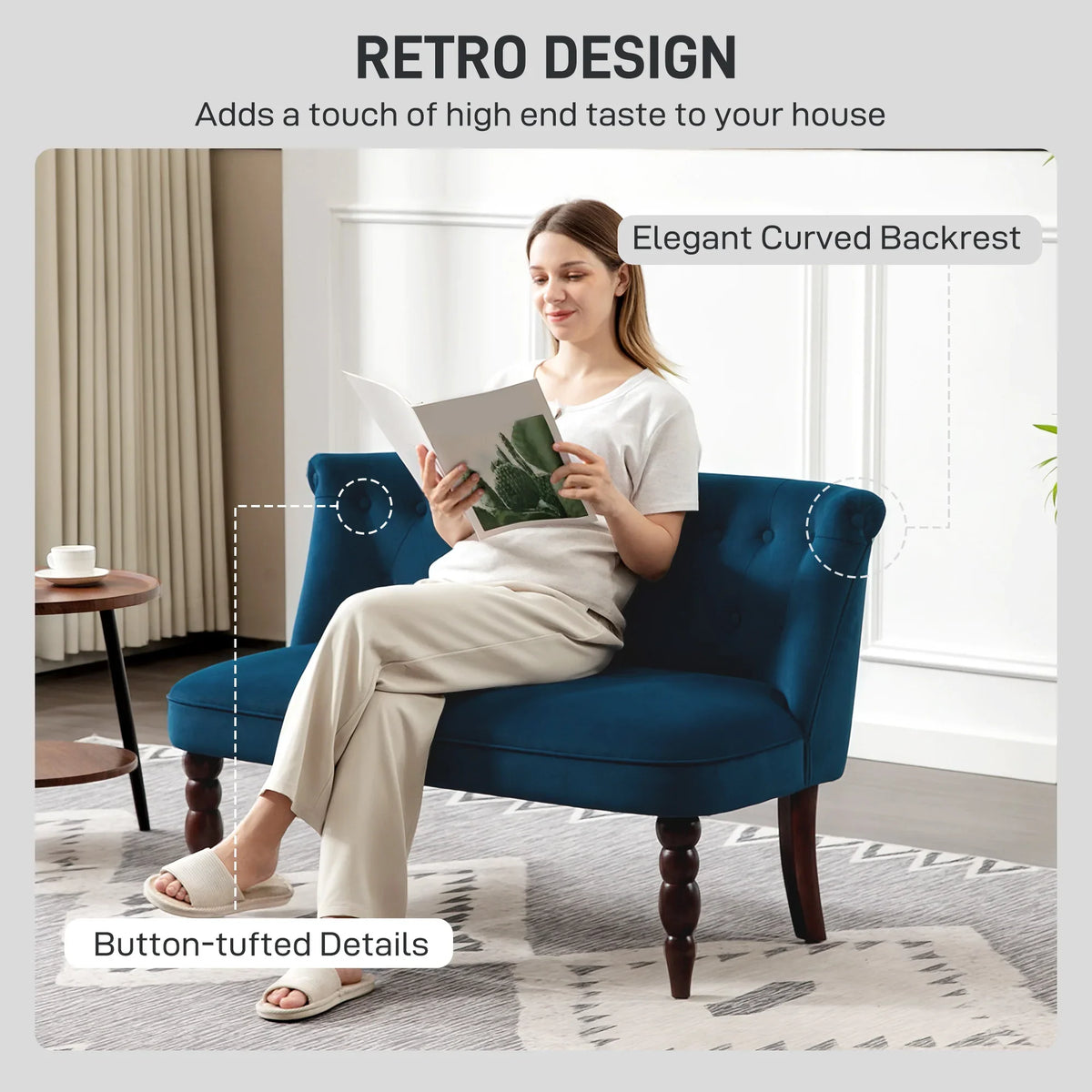Dark blue velvet loveseat with button-tufted curved backrest and wooden legs