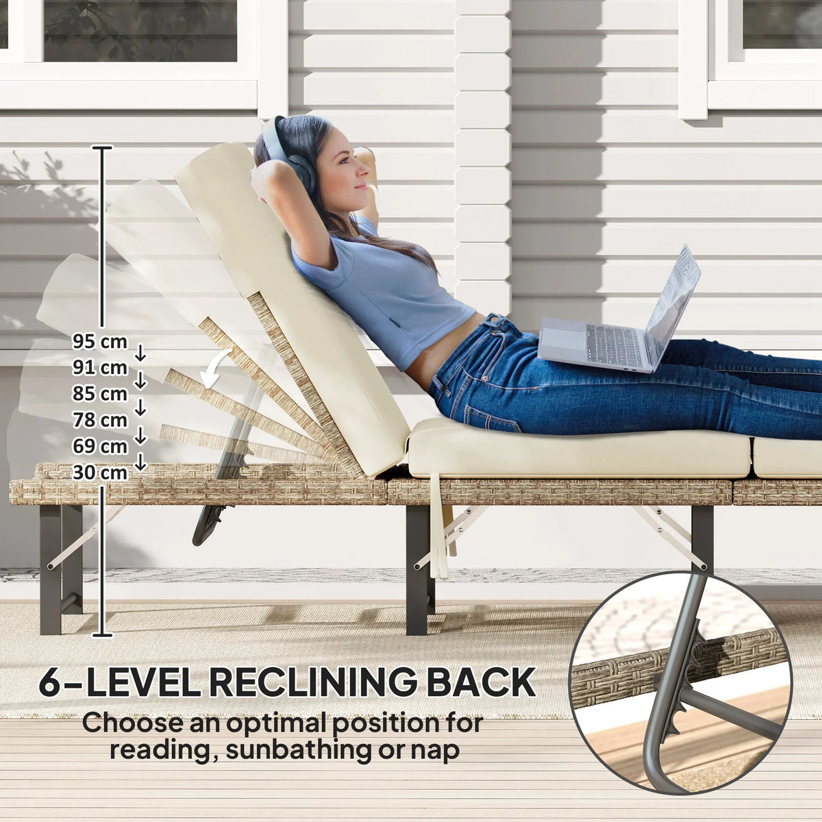 Reclining rattan sun lounger with cream cushion on grey steel base, adjustable back