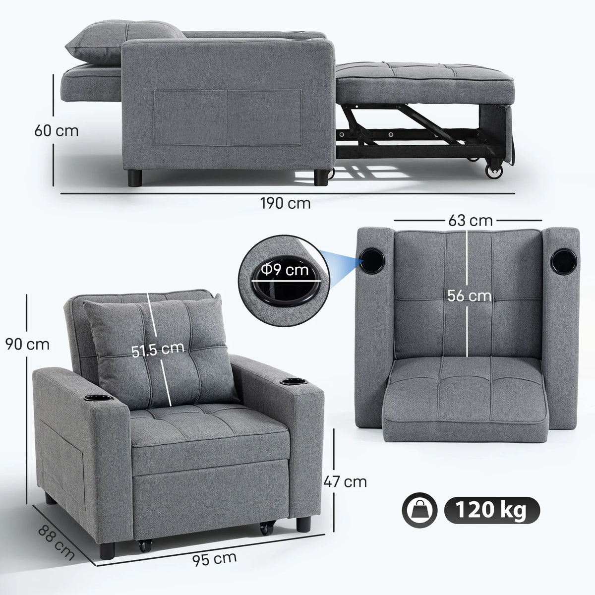 Dark grey 3-in-1 sofa bed chair, shown folded and reclined configurations
