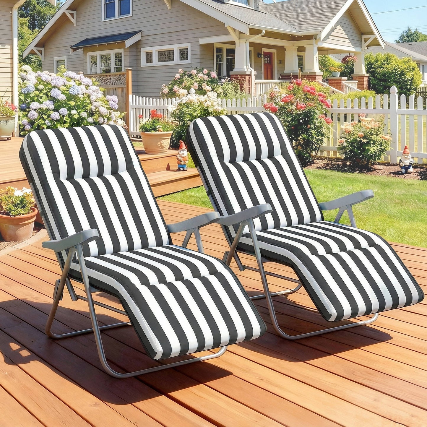 Outsunny Set of 2 Foldable Patio Sun Loungers with Adjustable Backrest and Cushions Grey and White
