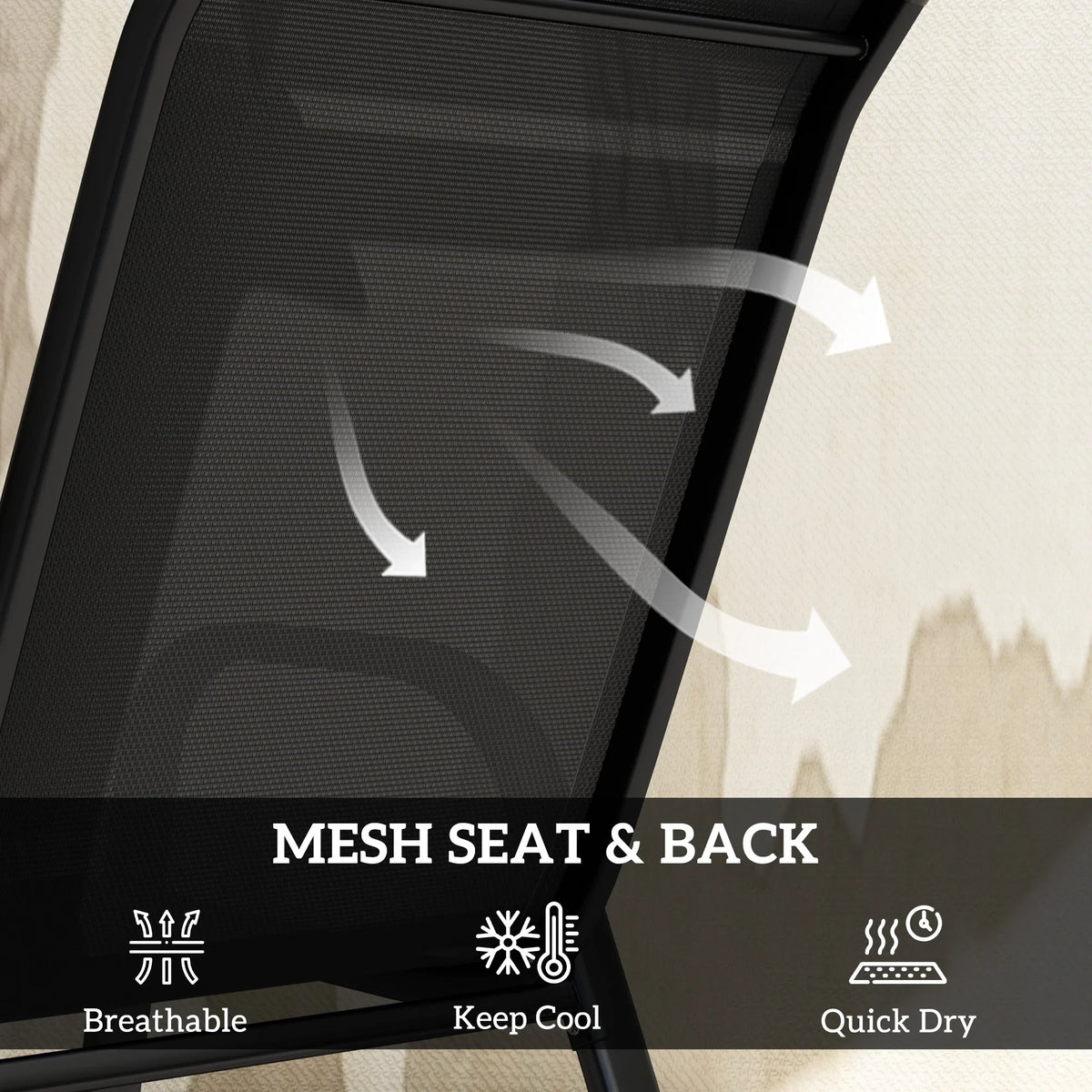 Black mesh seat and back on patio chair with airflow and quick-dry design