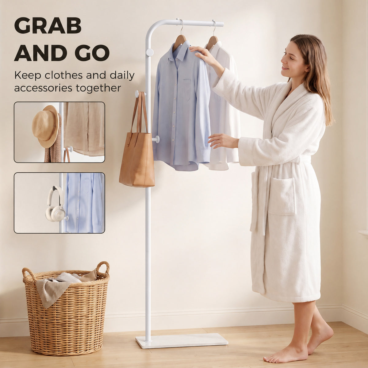 HOMCOM Garment Rack With Three Side Hooks And White Marble Base