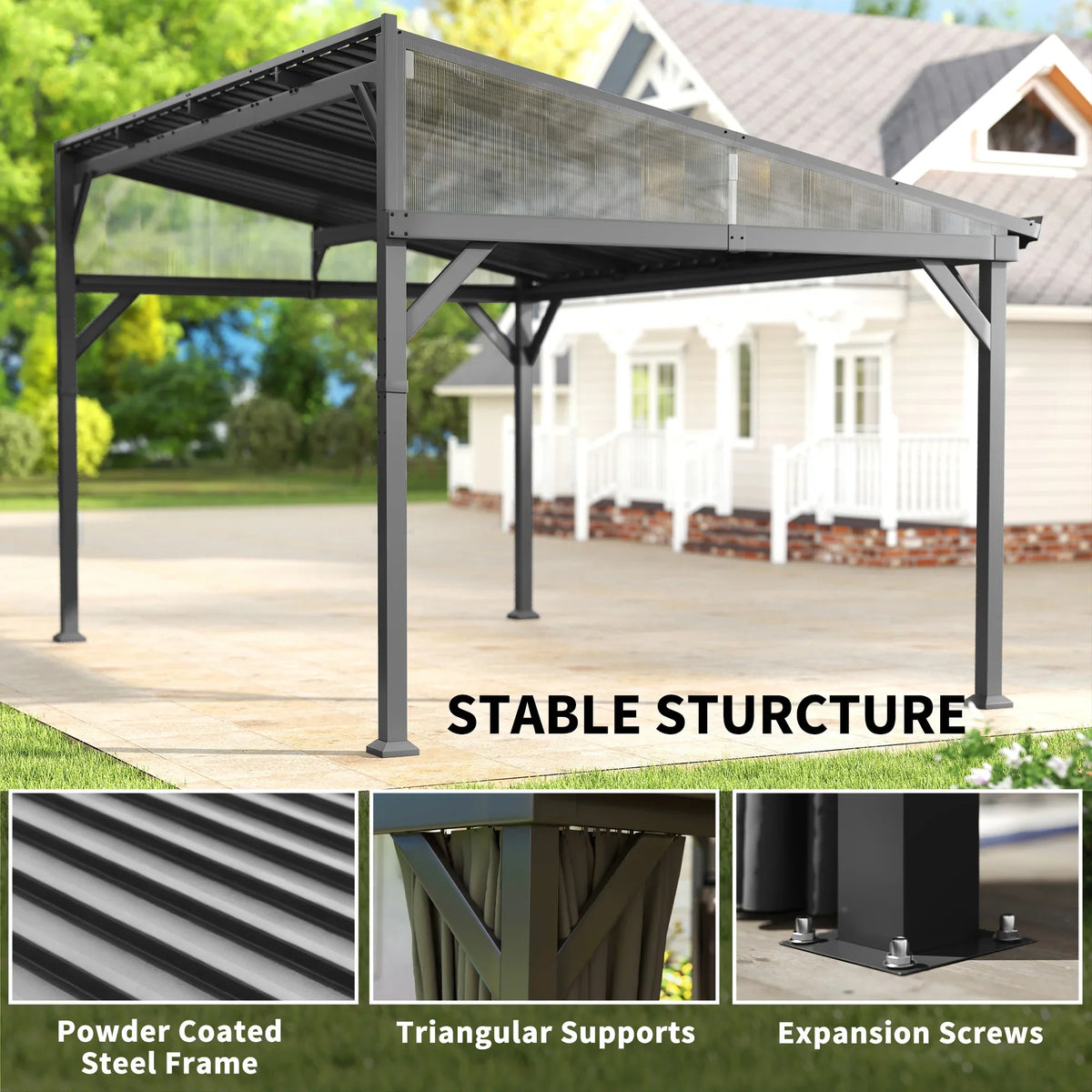 Powder-coated steel frame pergola gazebo with triangular supports and expansion screws