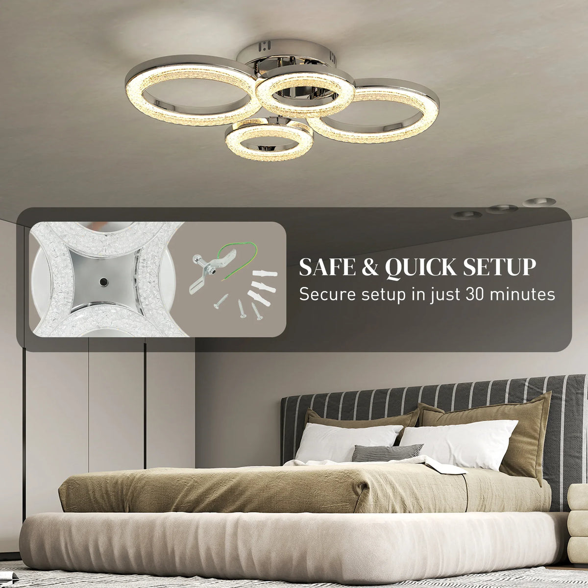 Silver 4-ring LED flush mount ceiling light with mounting plate and illuminated rings