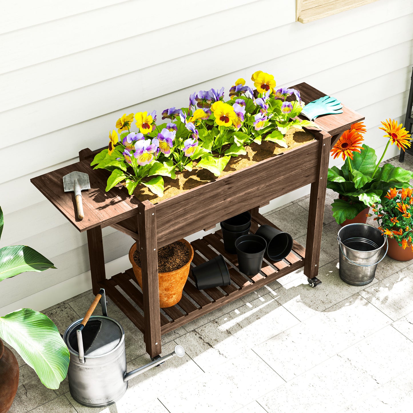 Outsunny 46 x 94 Cm Wooden Raised Planter With Shelves Carbonised Finish For Garden