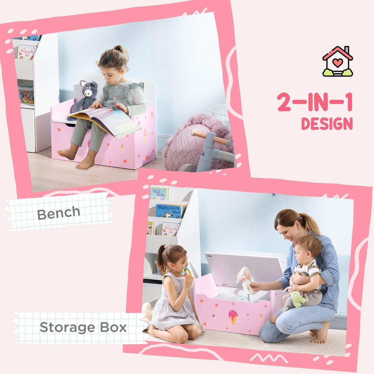 Pink toy storage bench in use with raised lid; child playing and reading