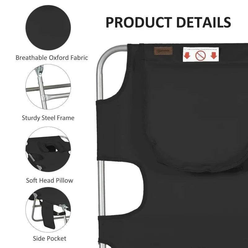 Outsunny foldable sun lounger with breathable black oxford fabric, steel frame, side pocket