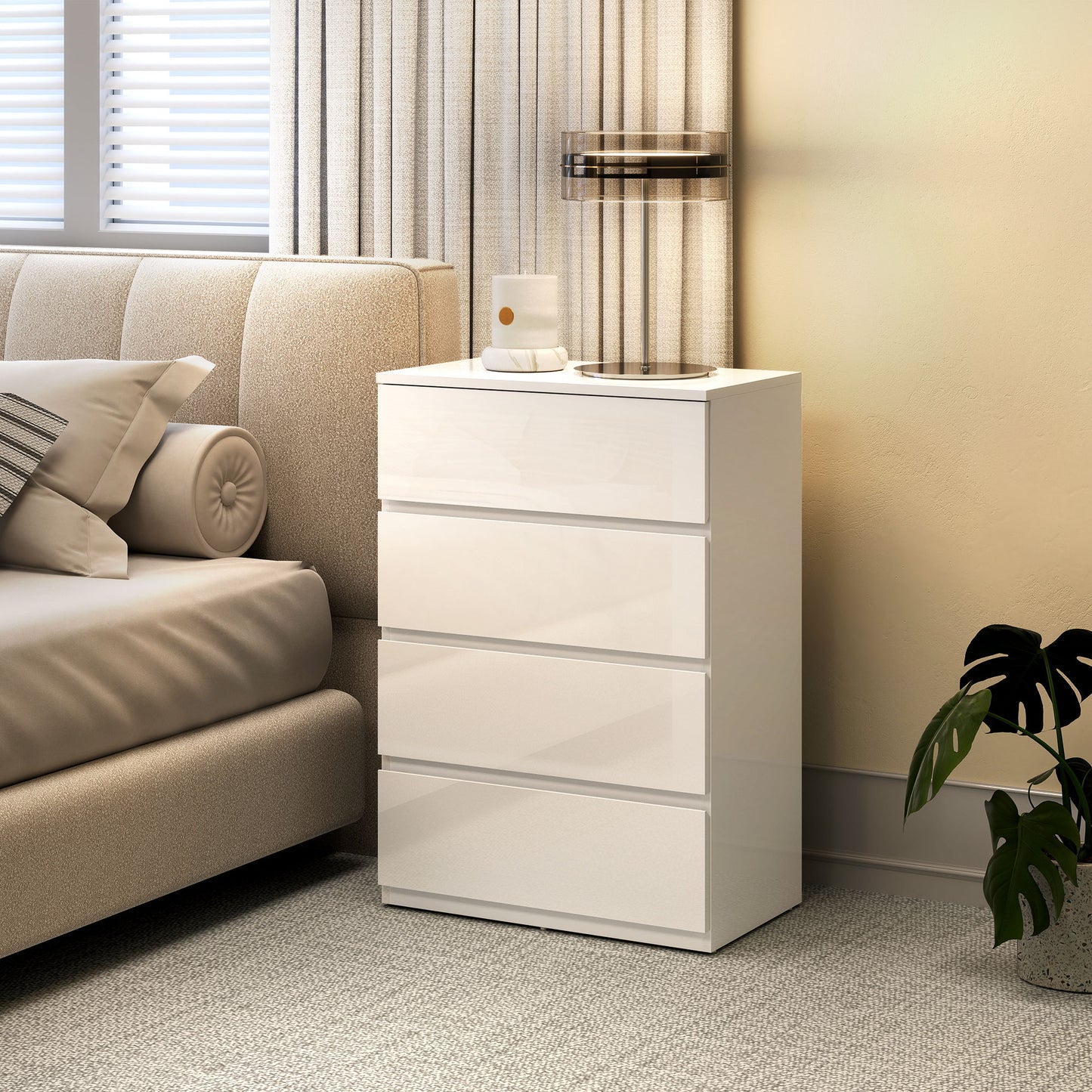 HOMCOM High Gloss Chest Of Drawers 4 Drawer Modern Dresser For Bedroom White Finish Durable And Space Saving