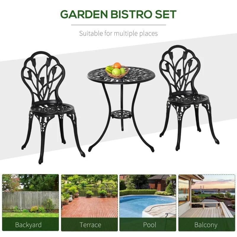 Outsunny 3-Piece Aluminum Floral Bistro Garden Set - Black - ALL4U RETAILER LTD