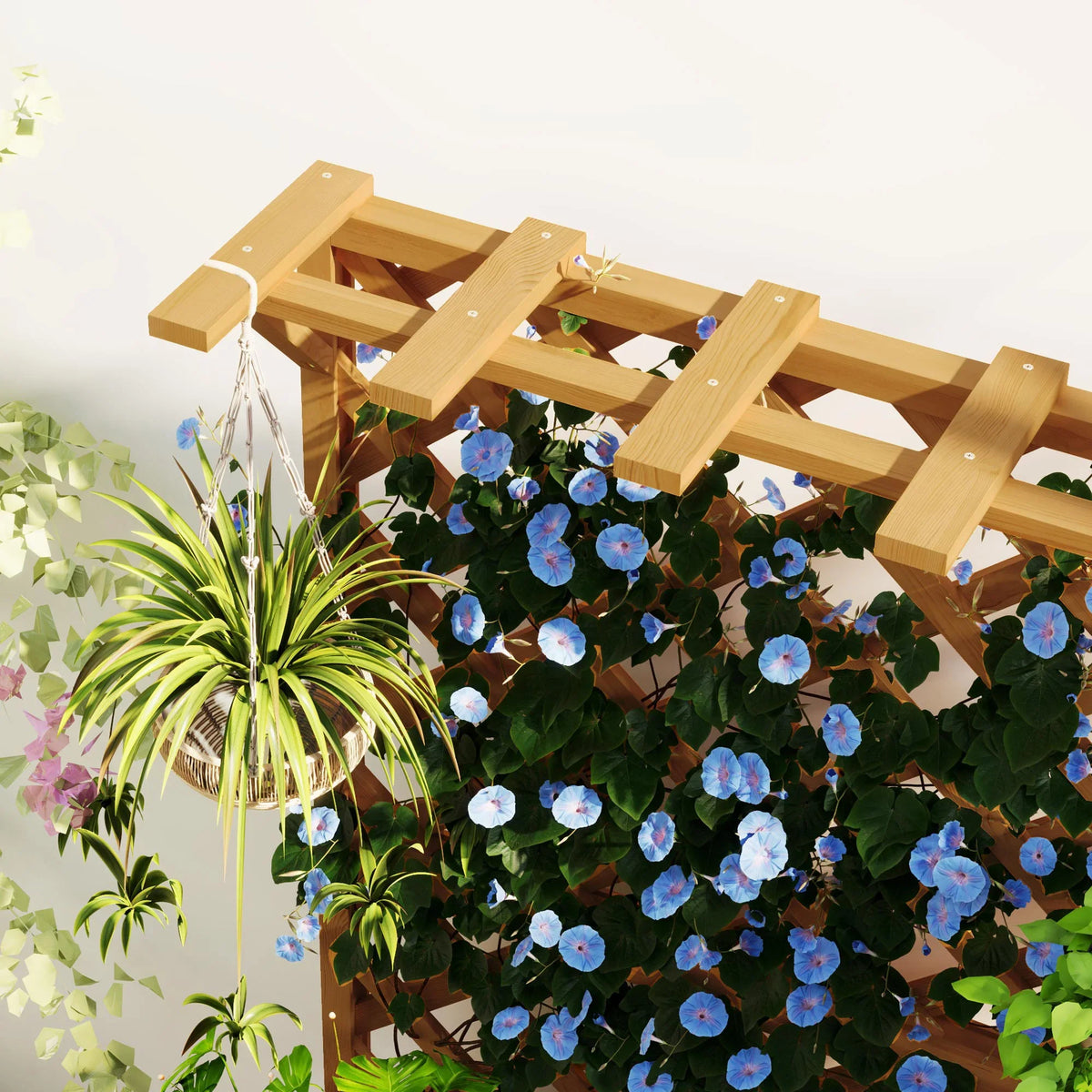Wooden trellis with top bars and hanging hooks above a raised planter bed