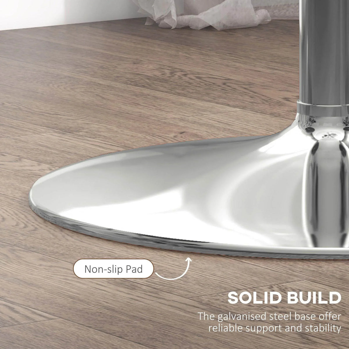 Chrome steel pedestal base with non-slip pad under round bar table