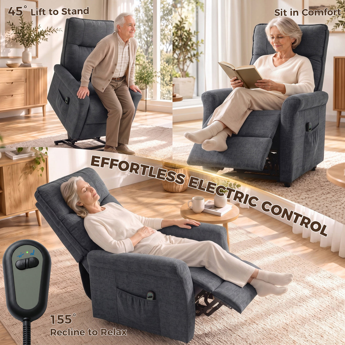 Dark grey electric power recliner chair with handheld remote and lifting recline positions