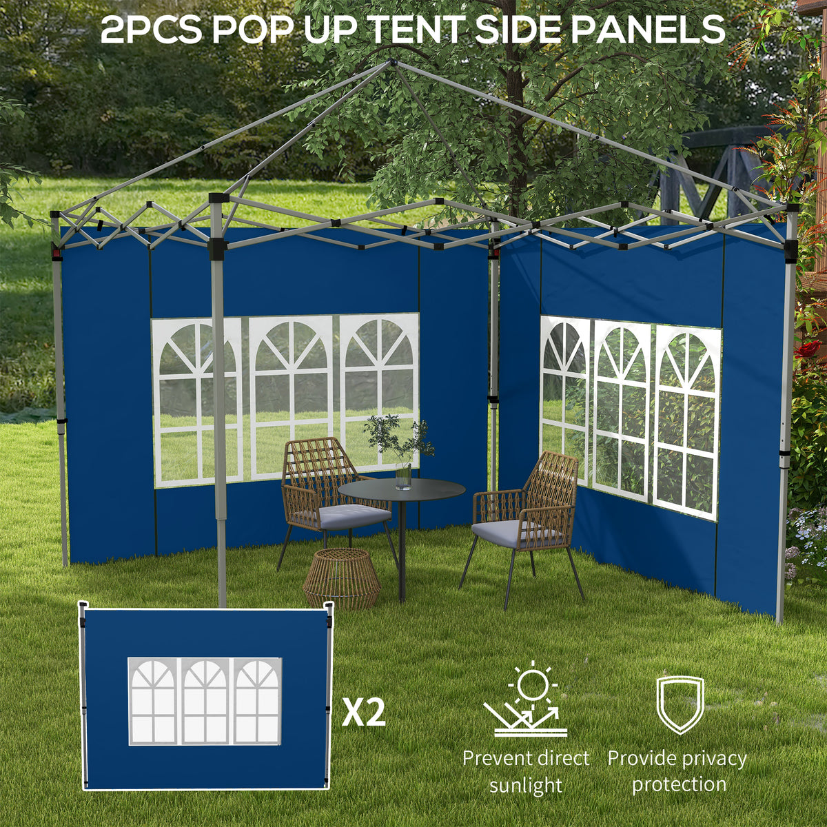Blue gazebo side panels set of 2 with white arched window design and frame poles
