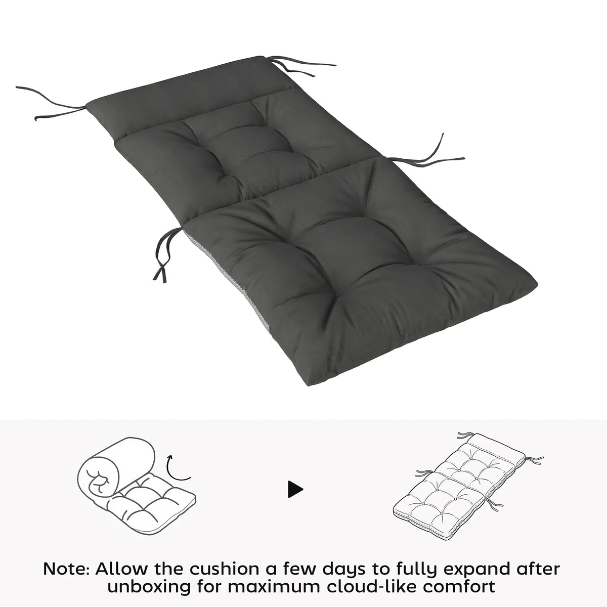 Dark grey patio chair cushion pad with quilted channels and fabric tie loops