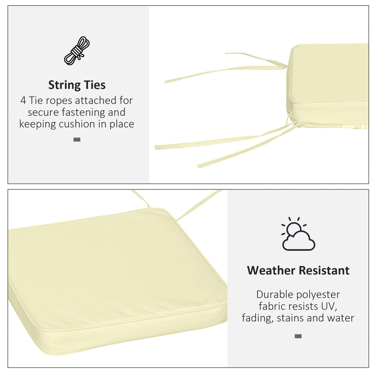 Cream seat cushion with string ties and weather-ready polyester fabric