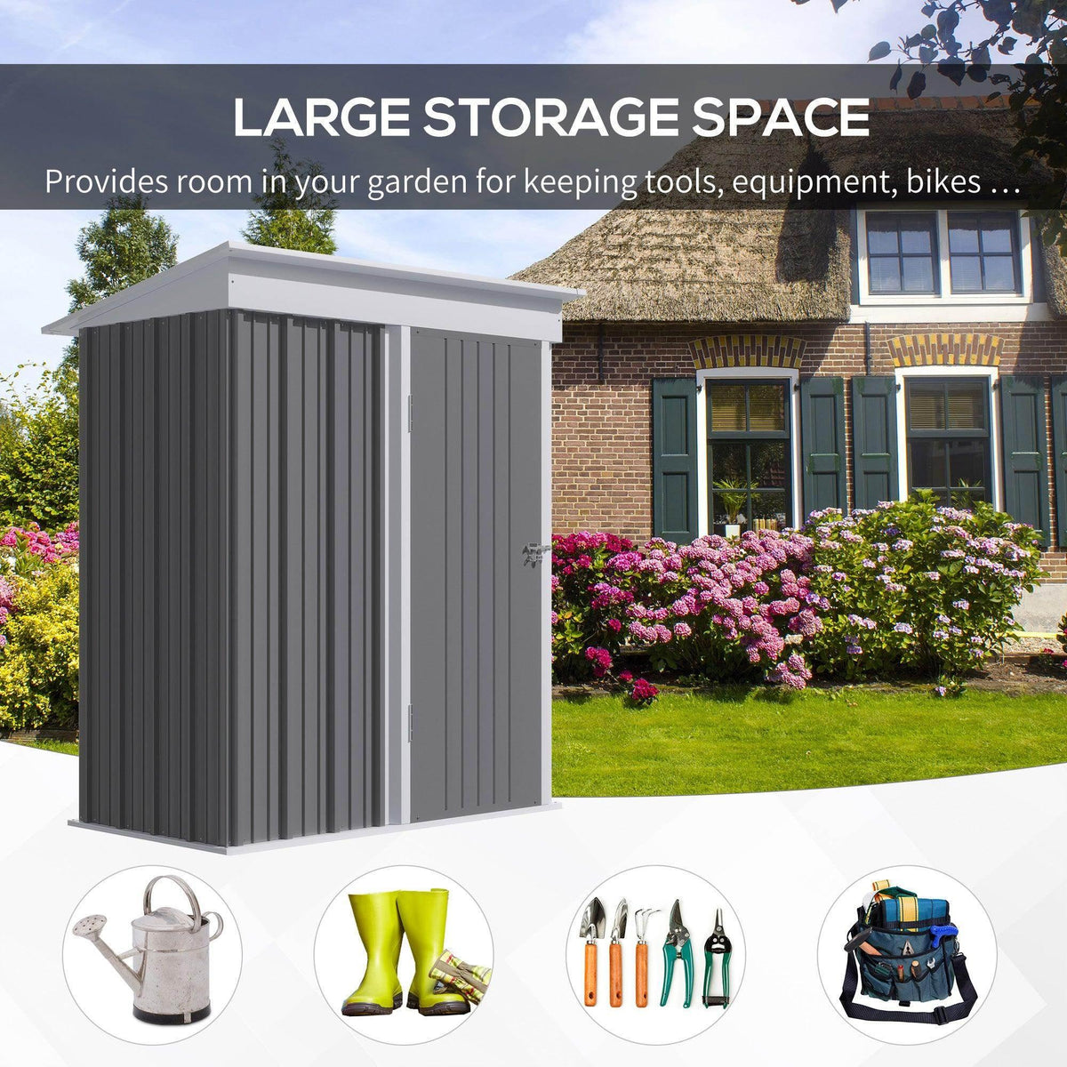 Grey metal garden shed with sloped roof and double doors in front