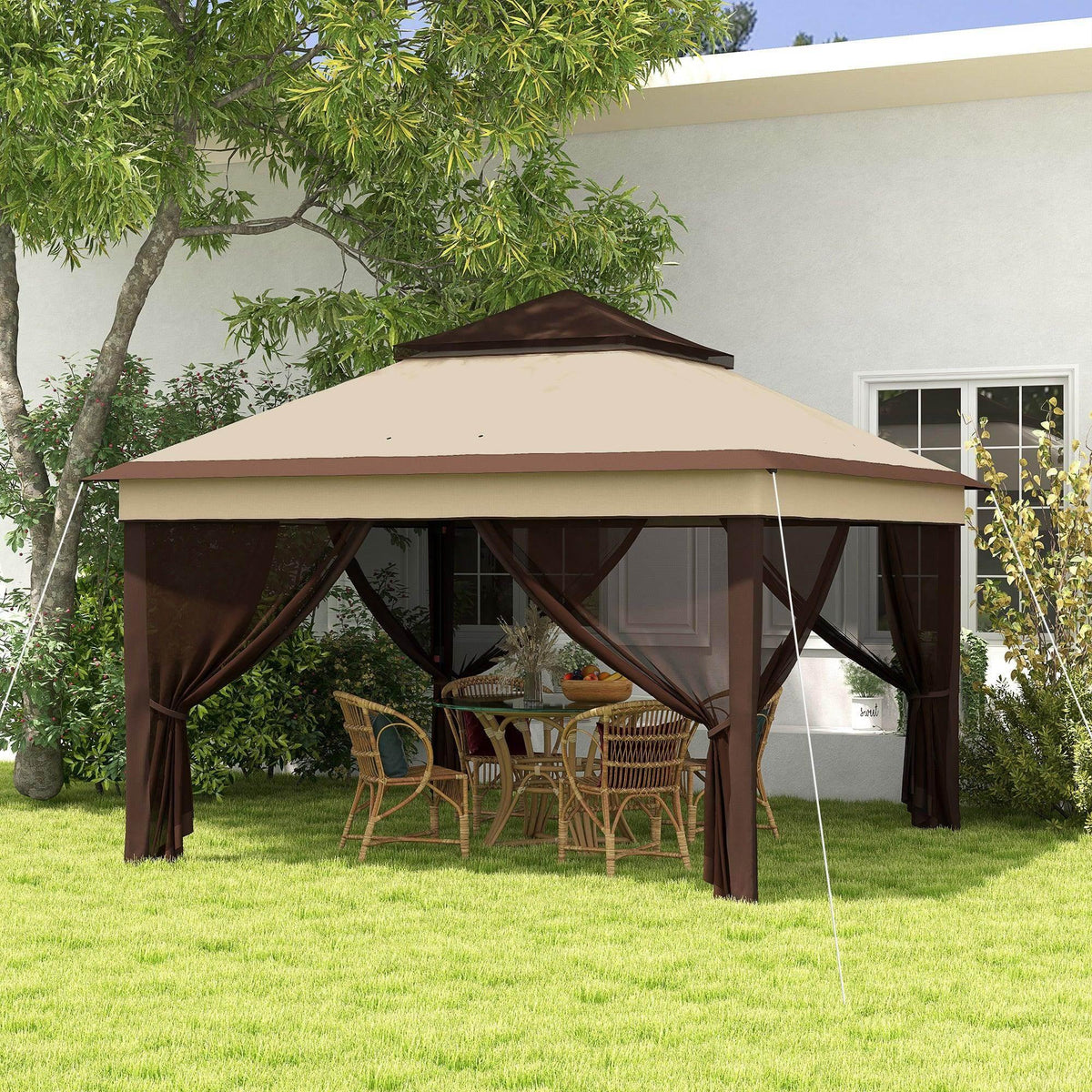 Height-adjustable pop-up gazebo with beige canopy and dark brown mesh side curtains