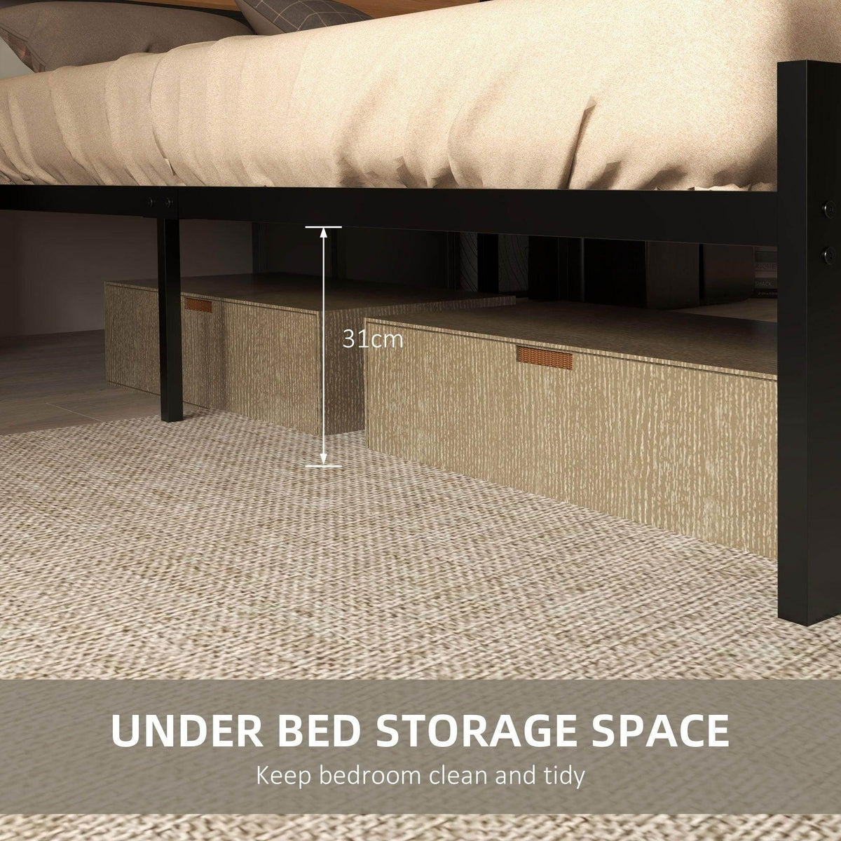 Under-bed storage space of industrial double bed frame with brown paneling and black legs.