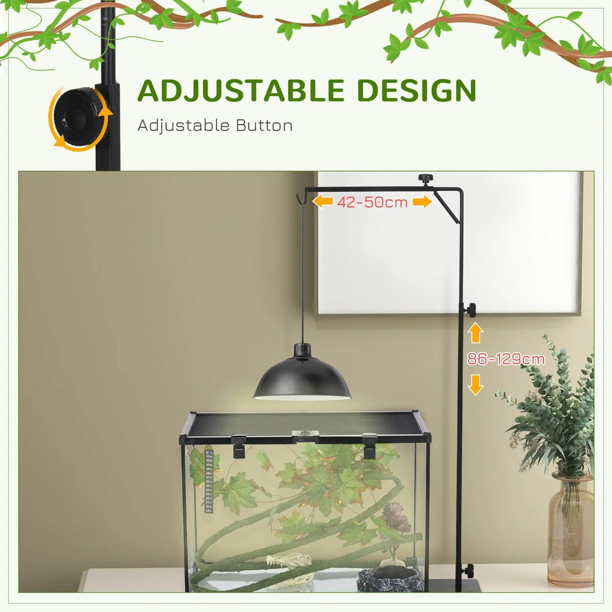Black adjustable button lamp stand for reptile enclosure with height settings