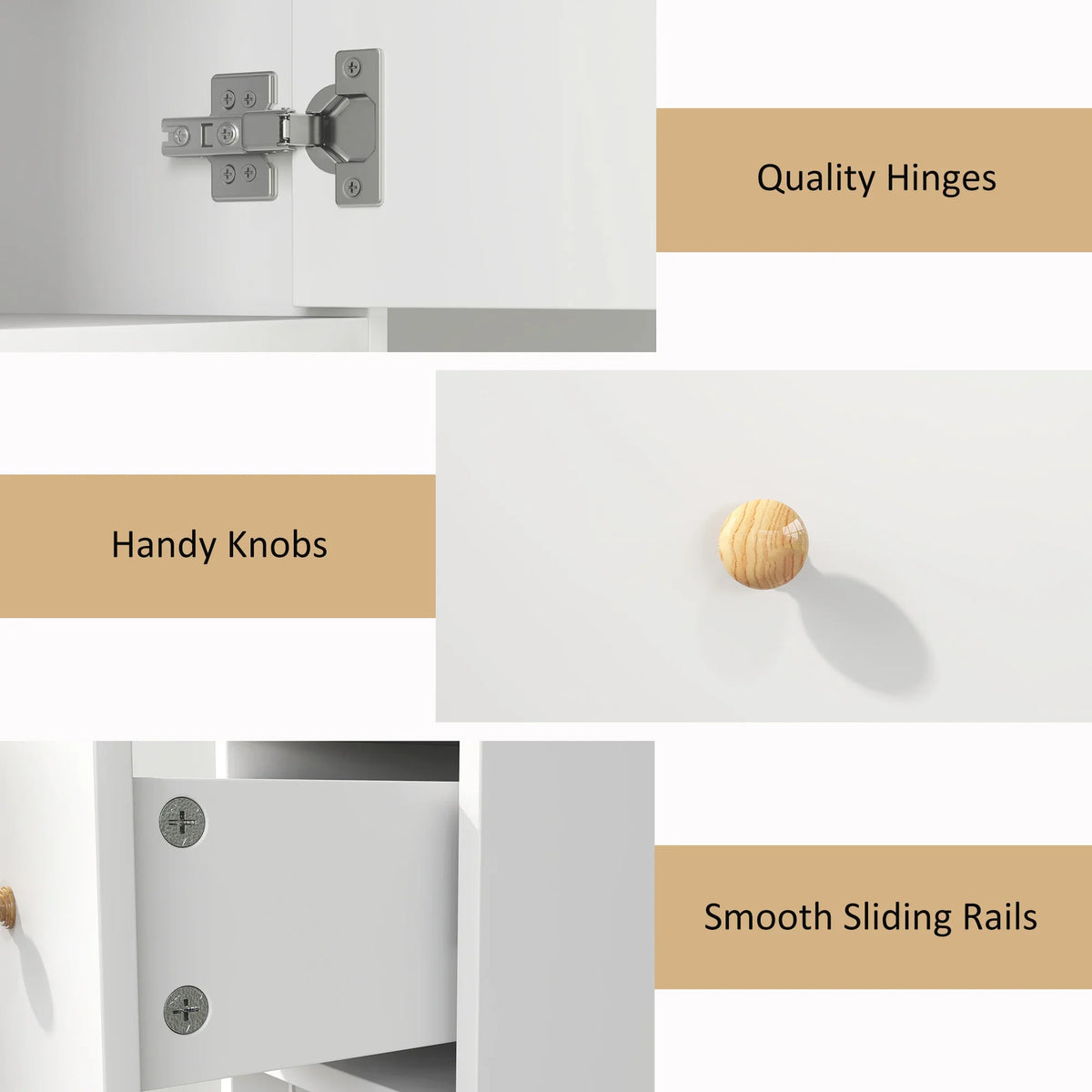 White bathroom cabinet hardware details: knobs, hinges, and smooth sliding rails