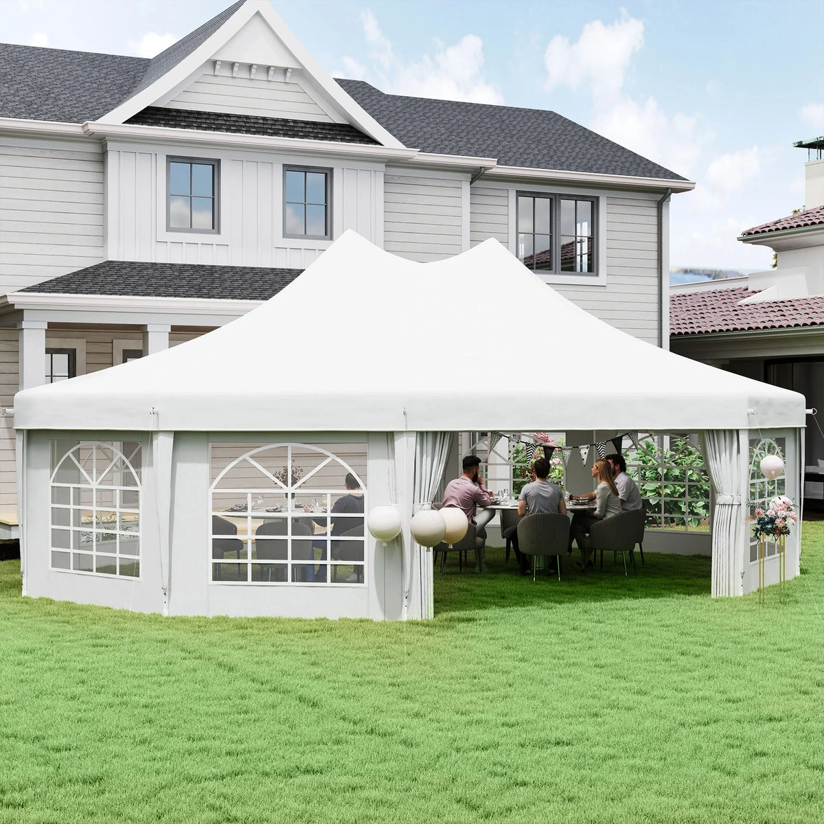 White octagonal garden gazebo party tent canopy with clear window panels and side curtains