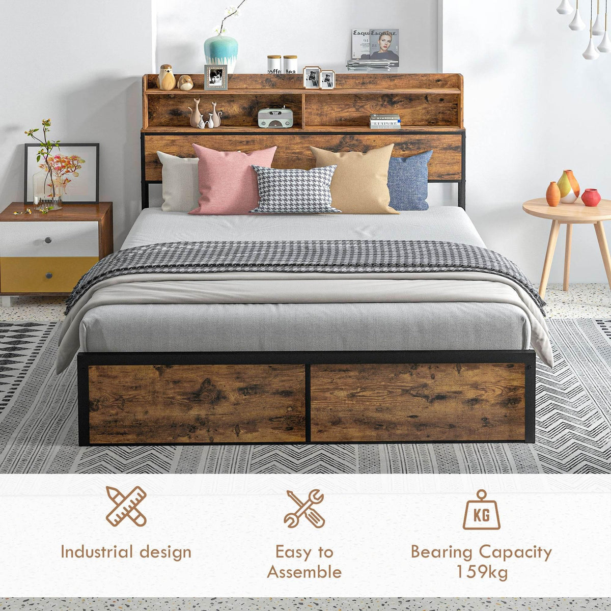 King bed frame with wood-look panel headboard and two under-bed storage drawers
