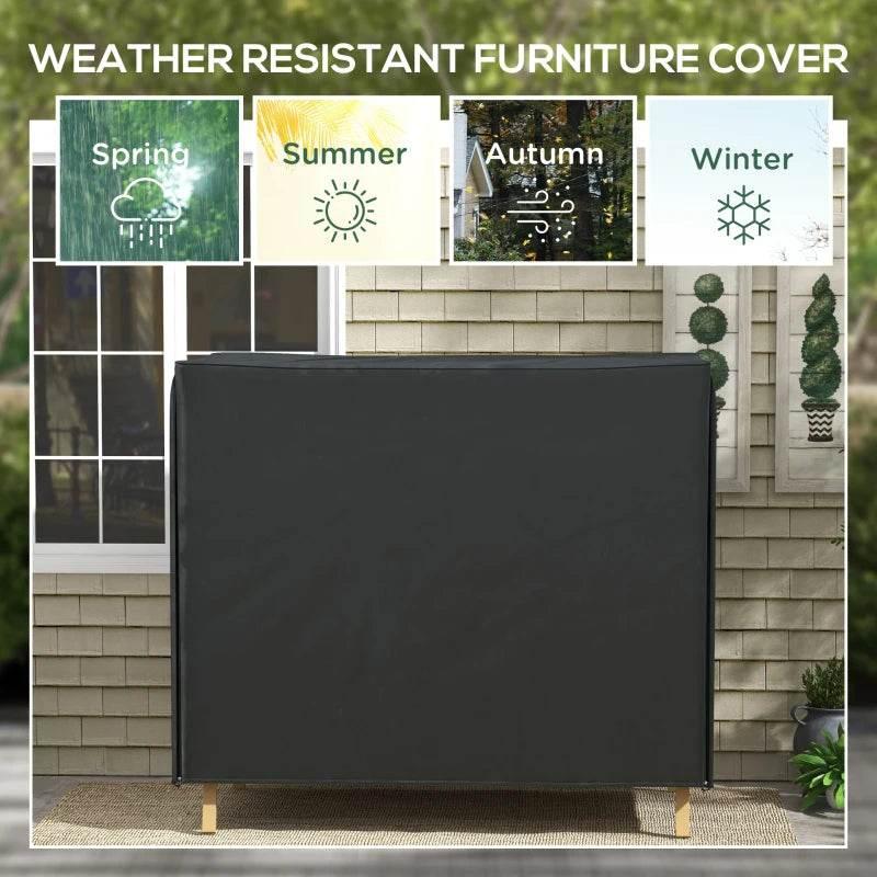 Black weatherproof outdoor furniture cover with straight edges and fitted top panel