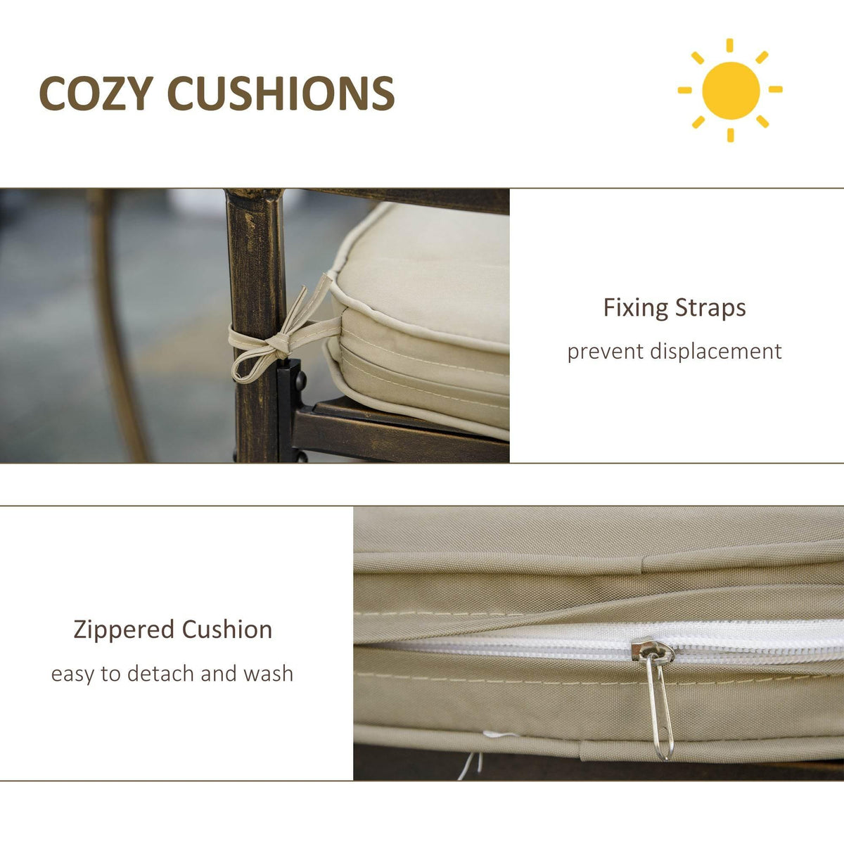 Beige cushion with zippered cover and fixing straps on outdoor dining set