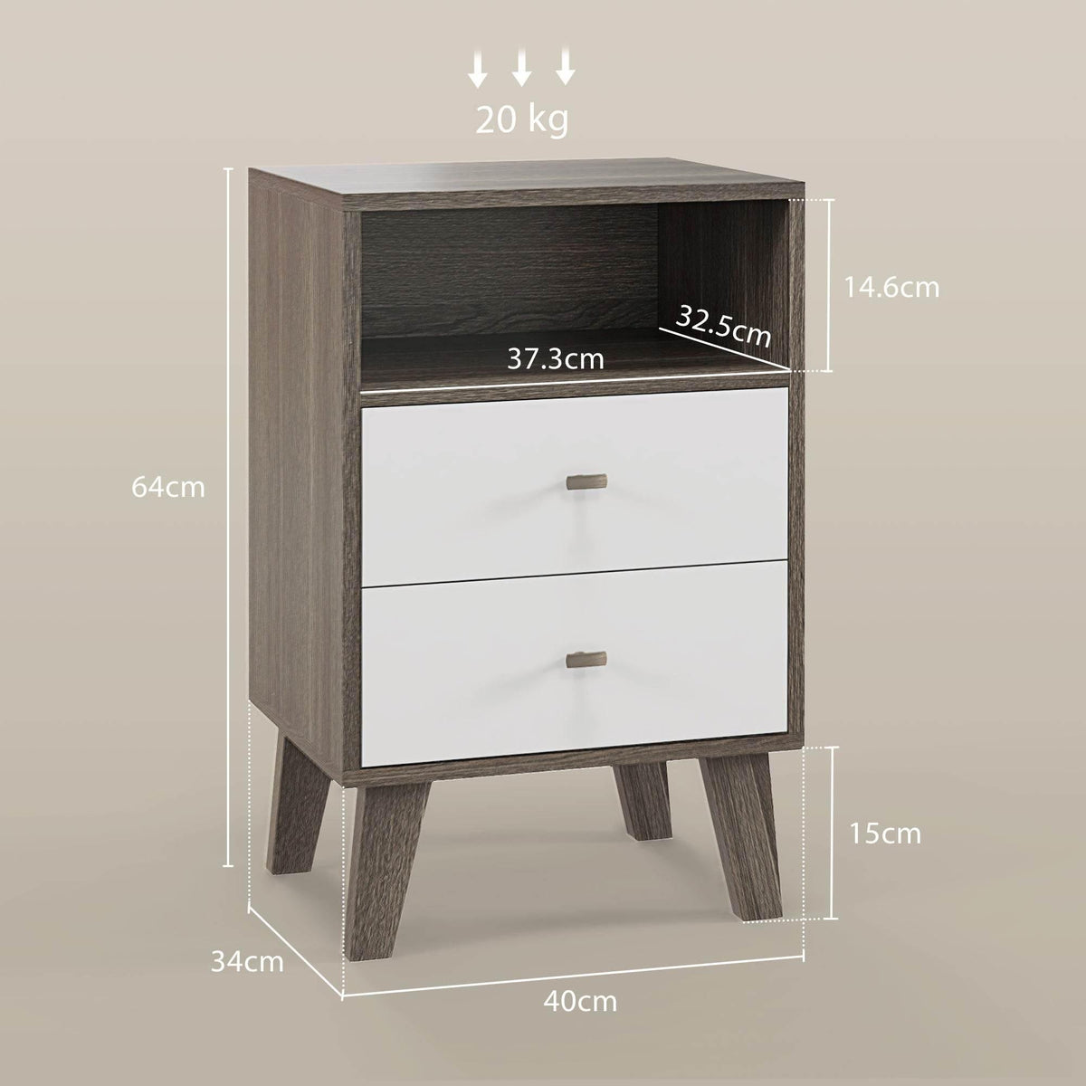 Wood-grain nightstand with top open shelf and two white storage drawers (with size guide).