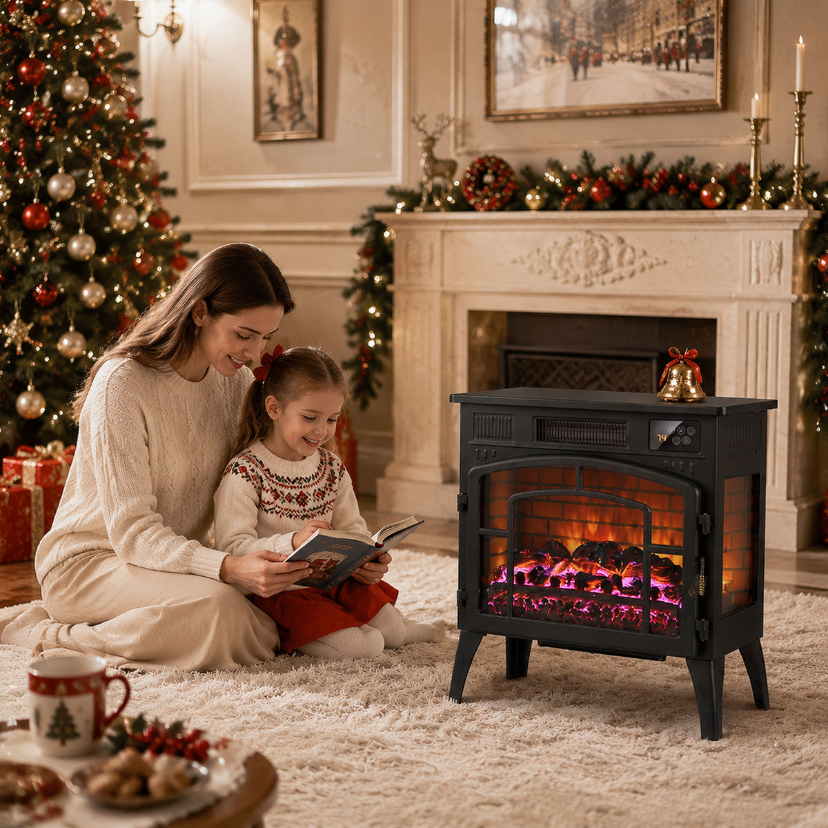 Black electric fireplace stove on legs with three-sided glass and glowing flame