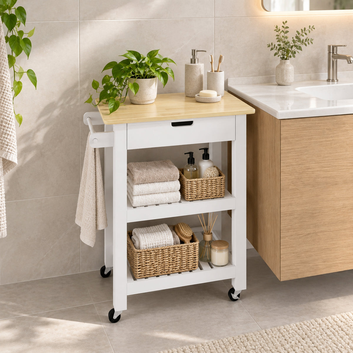 HOMCOM Kitchen Rolling Trolley With Rubberwood Top And Drawer