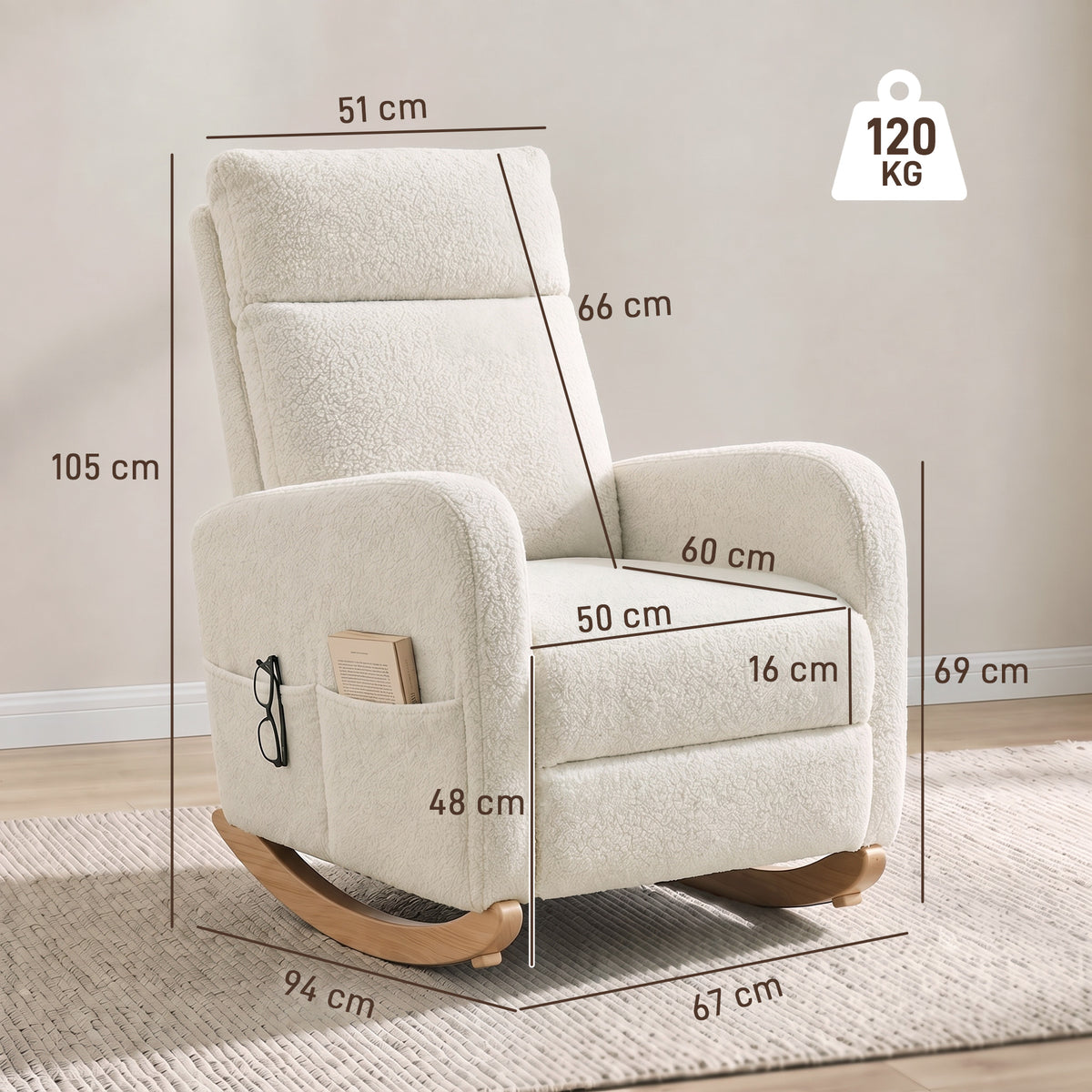 Homcom Sherpa Fleece Rocking Chair With High Back And Side Pockets