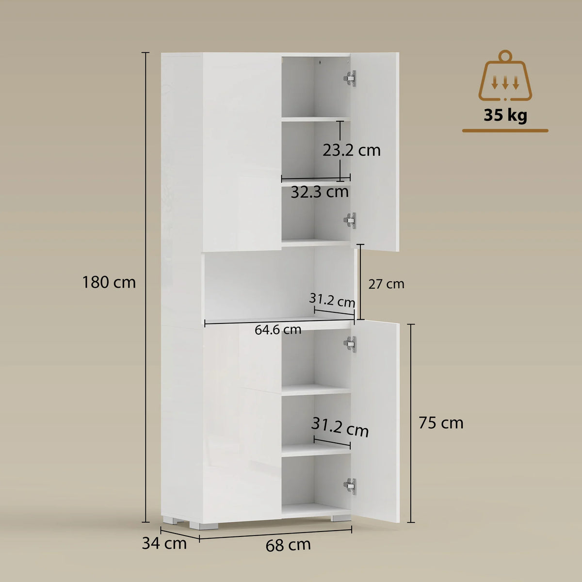 Tall white pantry cabinet shown in dimensions view, open compartments with adjustable shelves