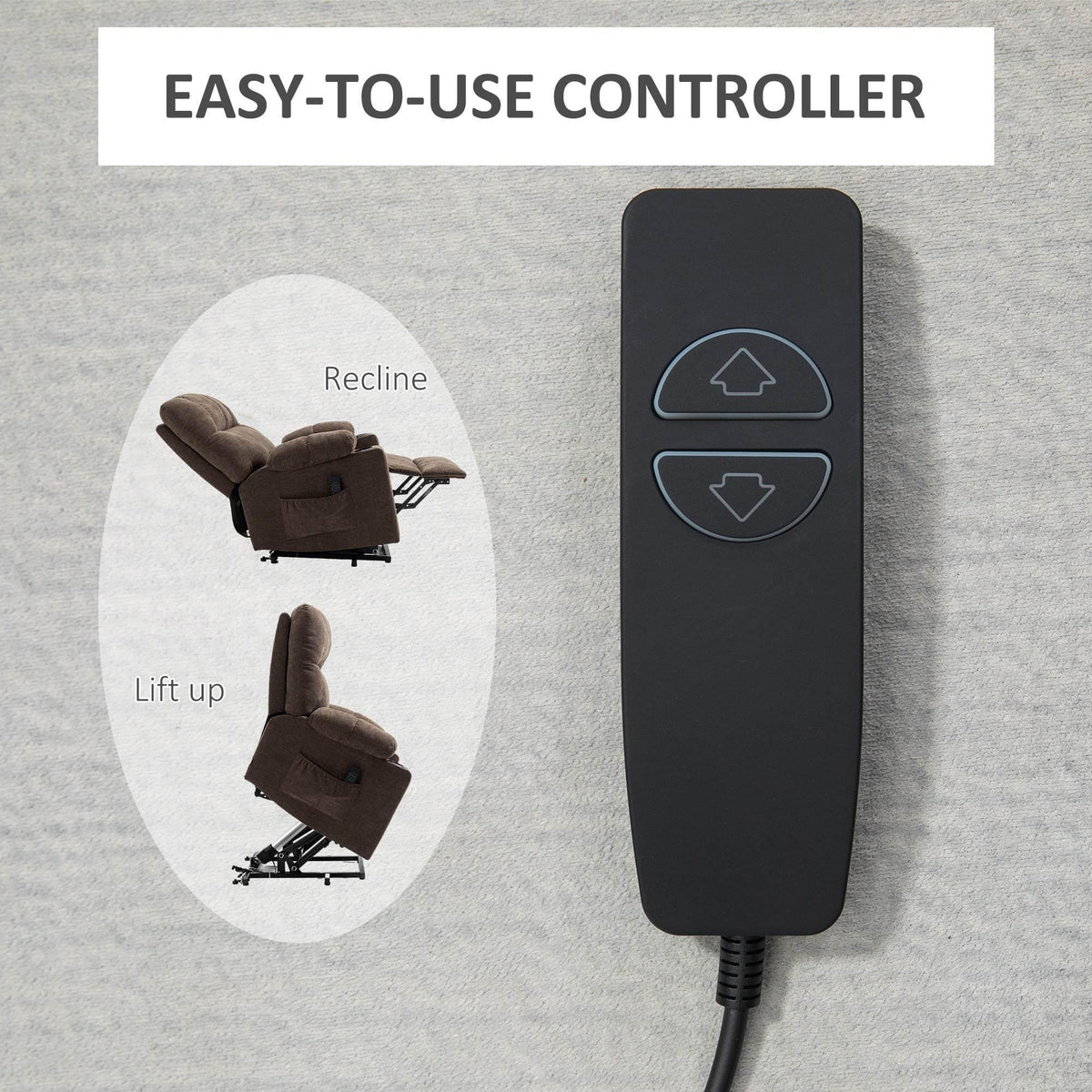 Power lift recliner remote control with lift and recline buttons.