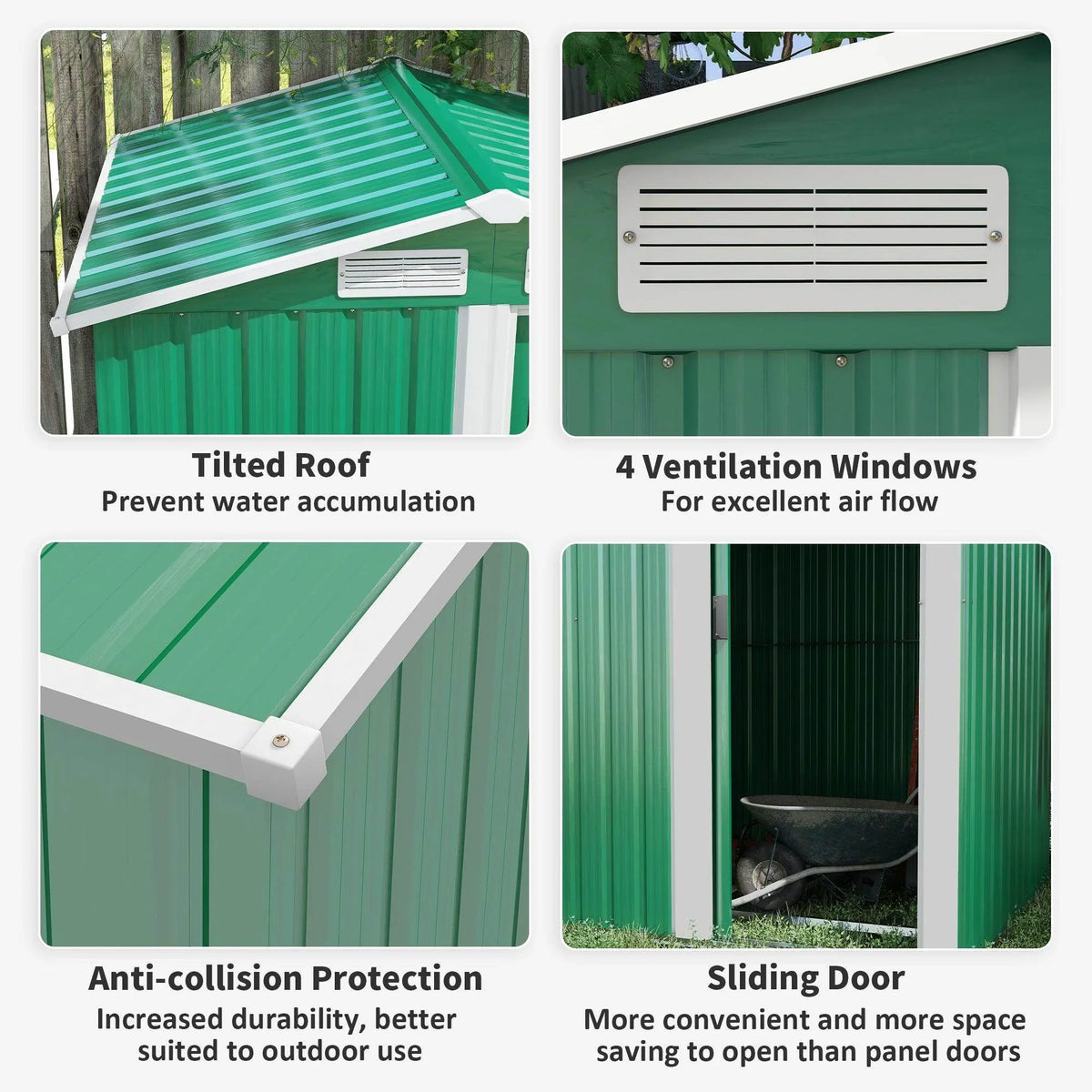 Green metal storage shed feature collage: tilted roof, sliding door, ventilation windows