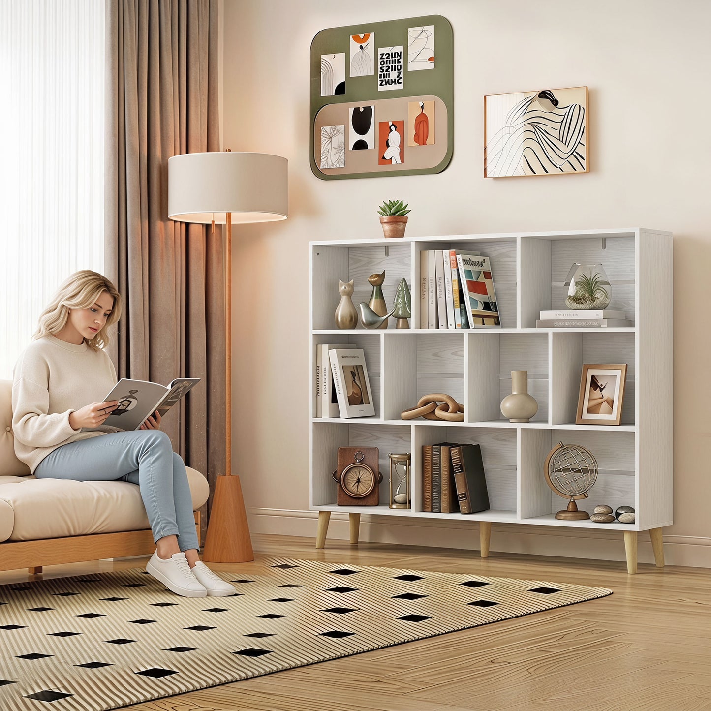 HOMCOM 10-Cube Bookcase with Solid Wood Legs, 140cm Modern 3-Tier Bookshelf, Anti-Tip Kit, White