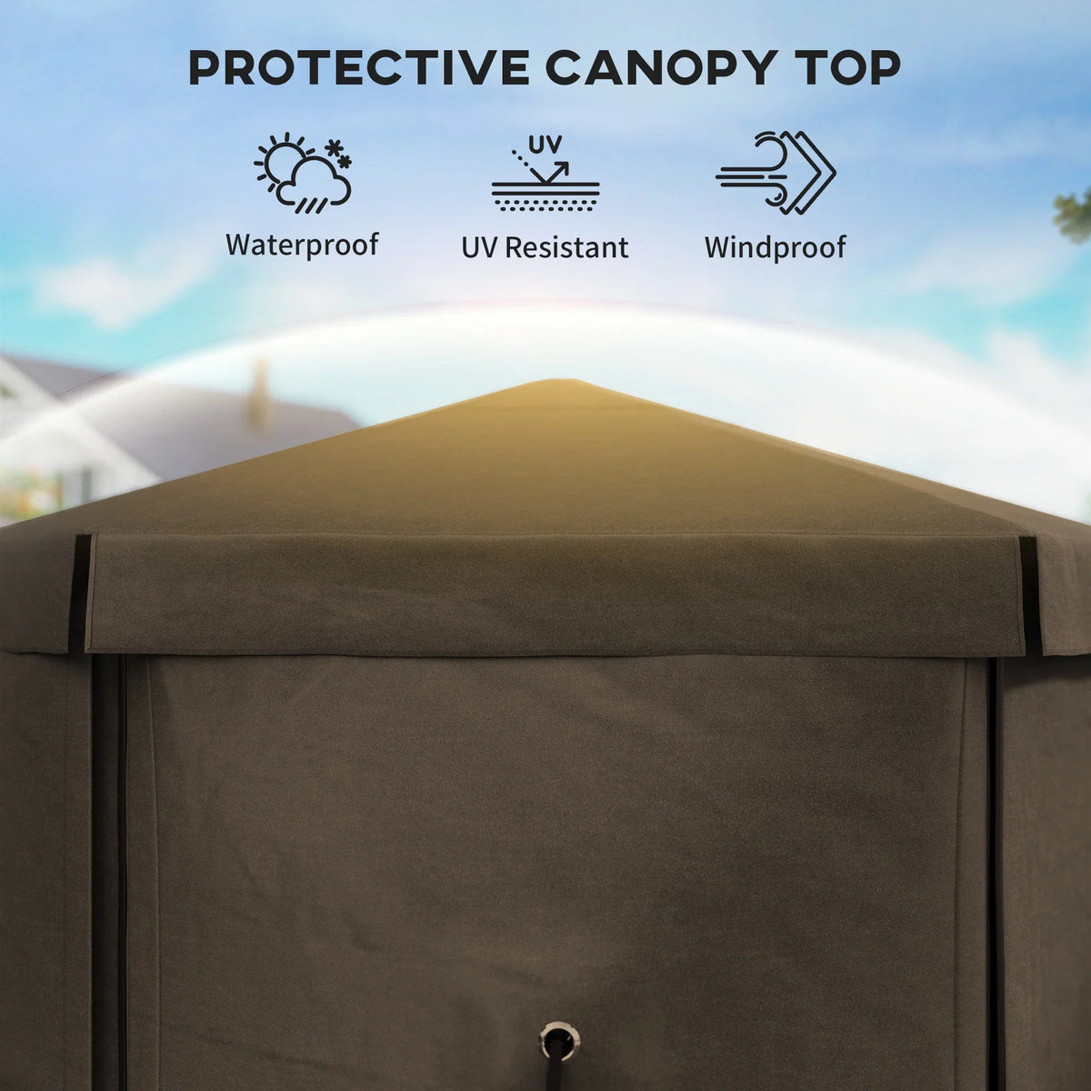 Brown hexagon gazebo protective canopy top, close-up fabric roof panel