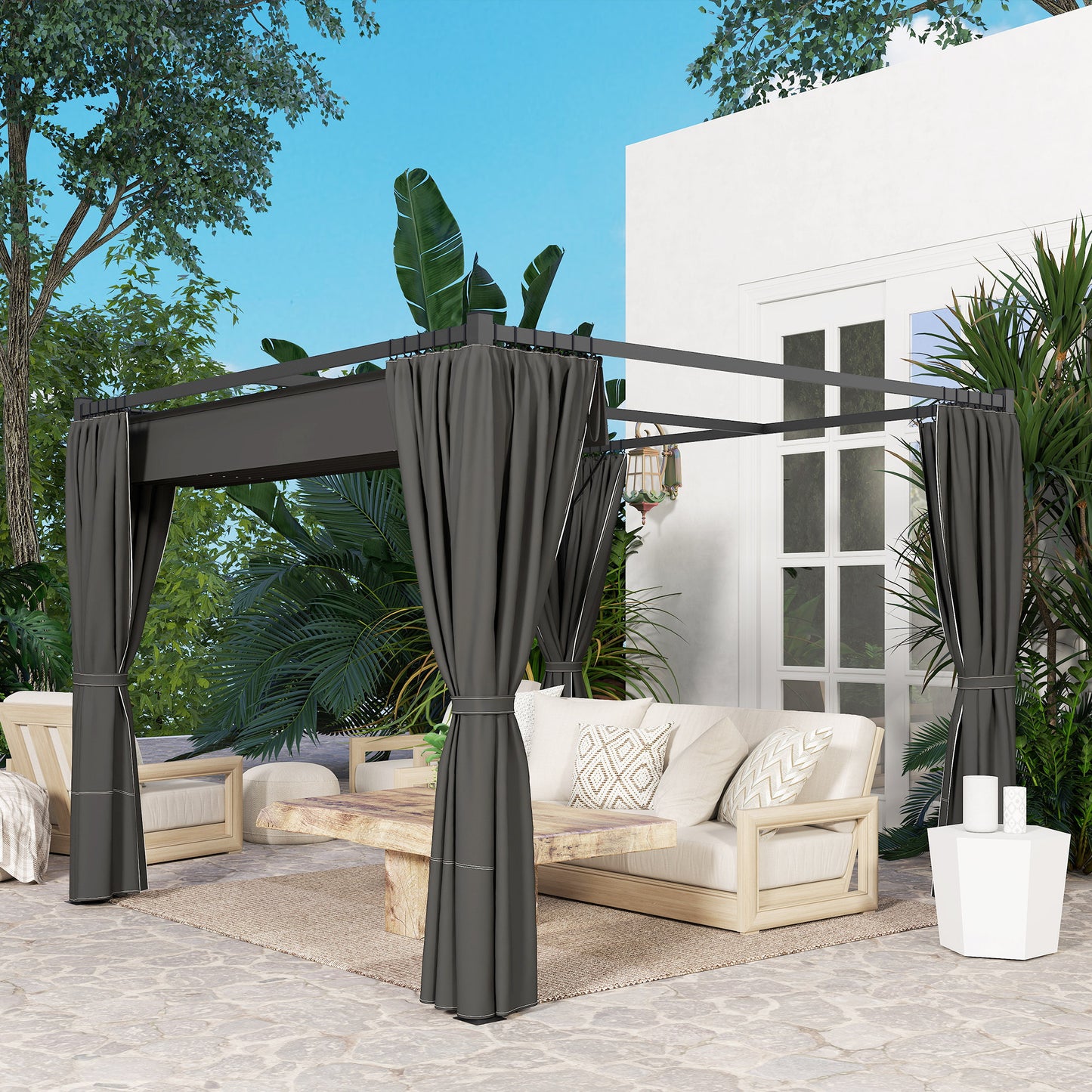 Outsunny 3x3 Meter Retractable Pergola Gazebo With Curtains For Patio Deck Garden Charcoal Grey