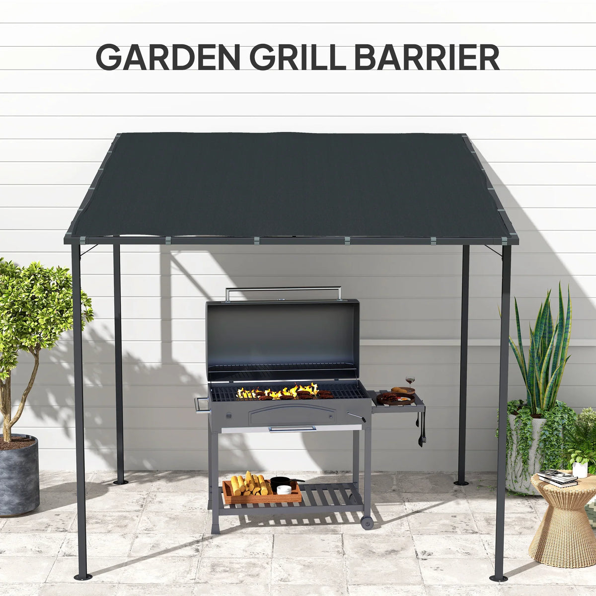 Outdoor grill shelter style pergola with dark grey fabric canopy and sturdy metal frame.