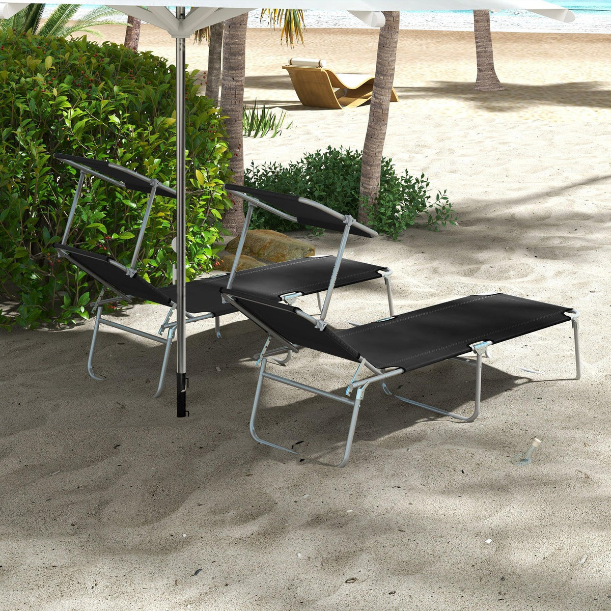 Black foldable sun lounger set with side canopy and adjustable backrests