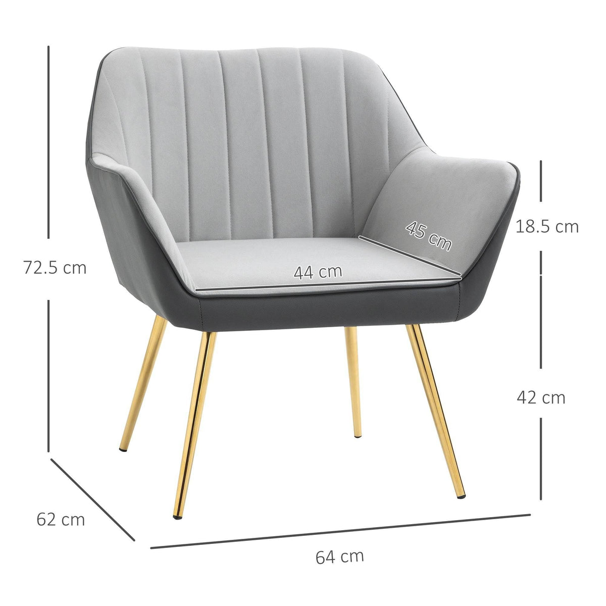 Light grey velvet accent armchair with vertical channel back and gold legs