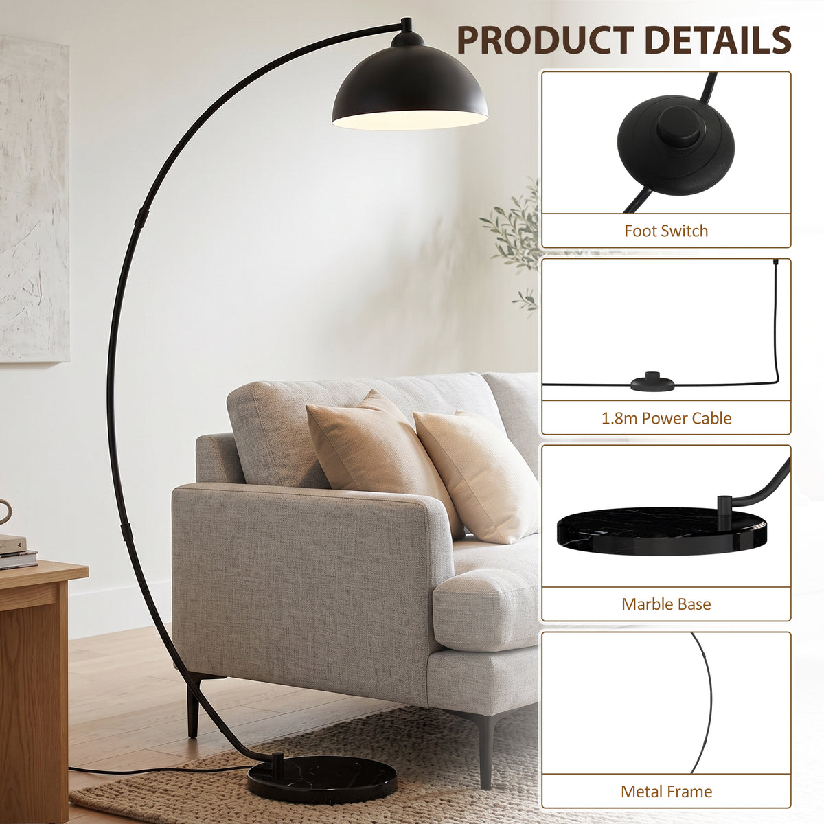 Black arc floor lamp with metal frame, foot switch, and marble base detail