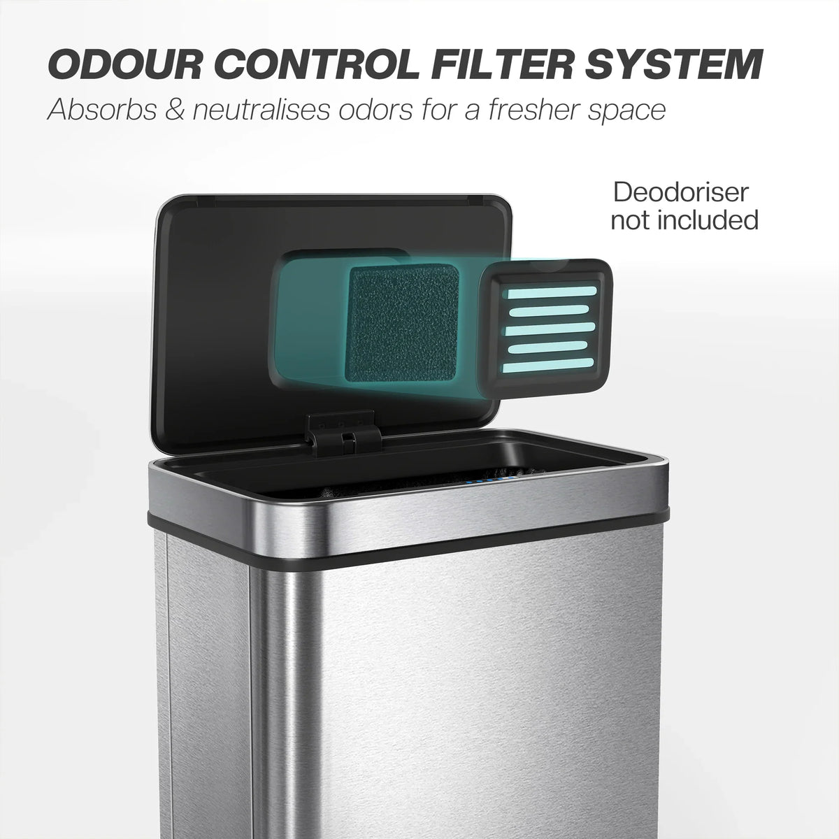 Silver stainless steel trash can with open lid and removable deodorizer filter