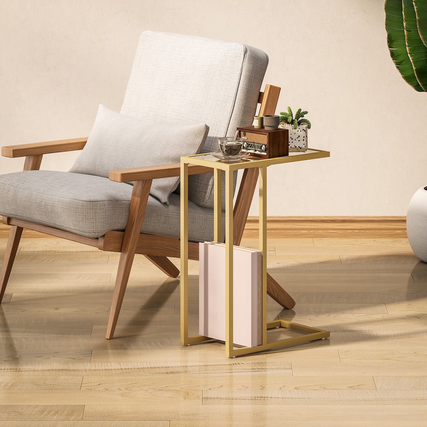 HOMCOM C Shaped Side Table With Tempered Glass Top Slim Gold Tone End Table For Small Spaces